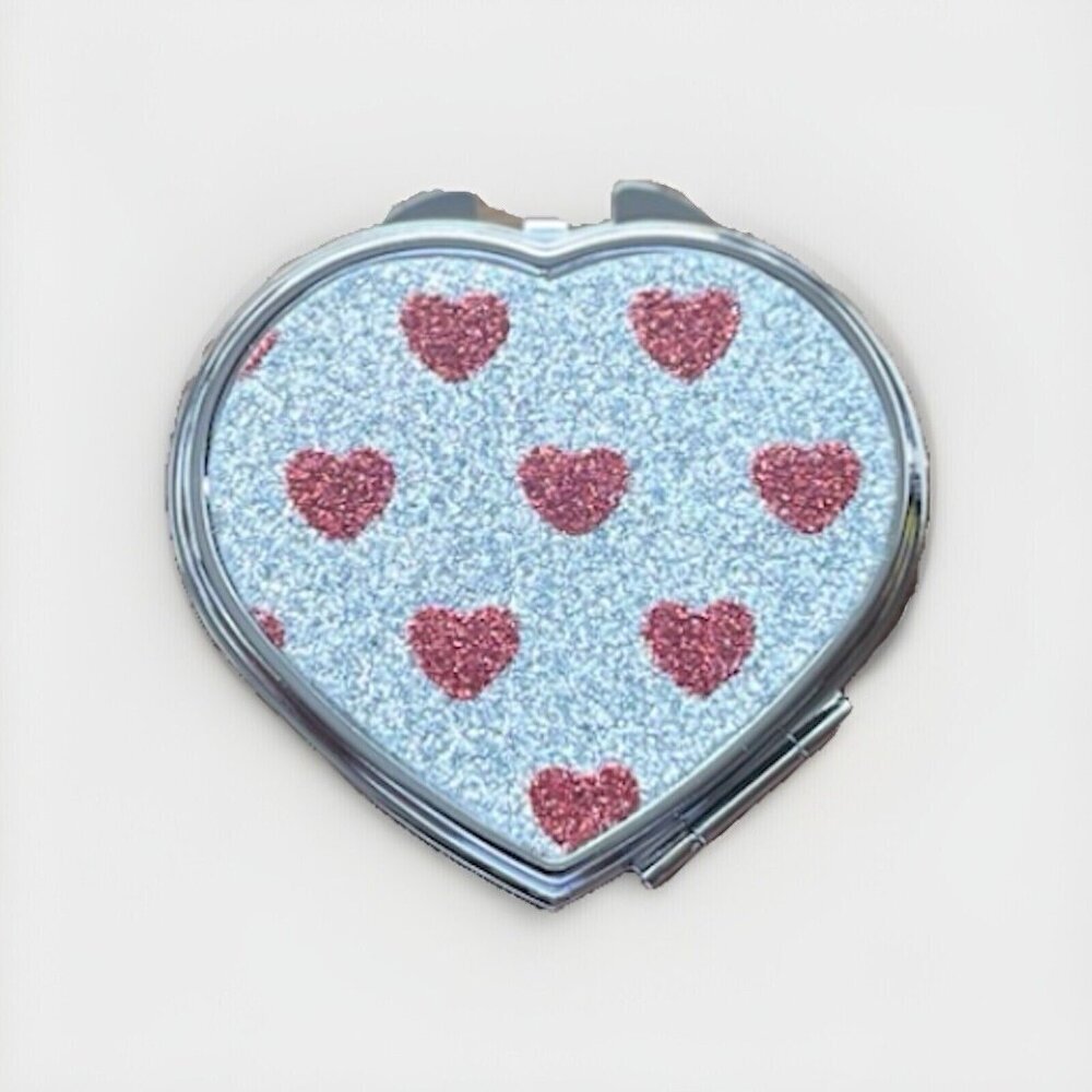 Modela Silver Heart Shaped Glitter Compact Mirror Travel‎ Size NWT